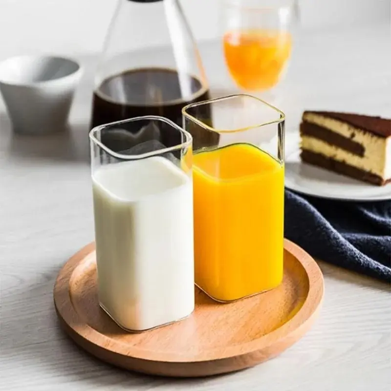 2PCS Square Glass Cup Coffee Mug Heat-Resistant Water Cups Glass Transparent Tea Mug Cup for Drinking Milk Beertea Juice Wine