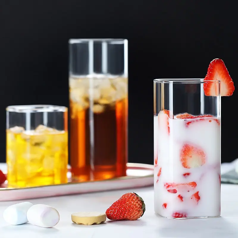 2PCS Square Glass Cup Coffee Mug Heat-Resistant Water Cups Glass Transparent Tea Mug Cup for Drinking Milk Beertea Juice Wine