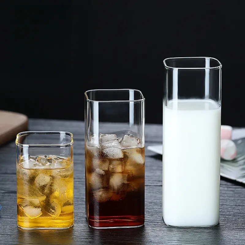 2PCS Square Glass Cup Coffee Mug Heat-Resistant Water Cups Glass Transparent Tea Mug Cup for Drinking Milk Beertea Juice Wine