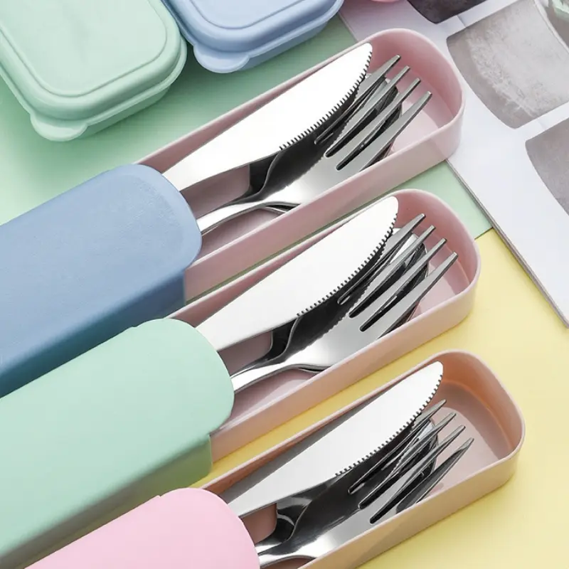 3/4pcs Portable Stainless Steel Cutlery Suit with Storage Box Chopstick Fork Spoon Knife Travel Tableware Set Camping Cutlery