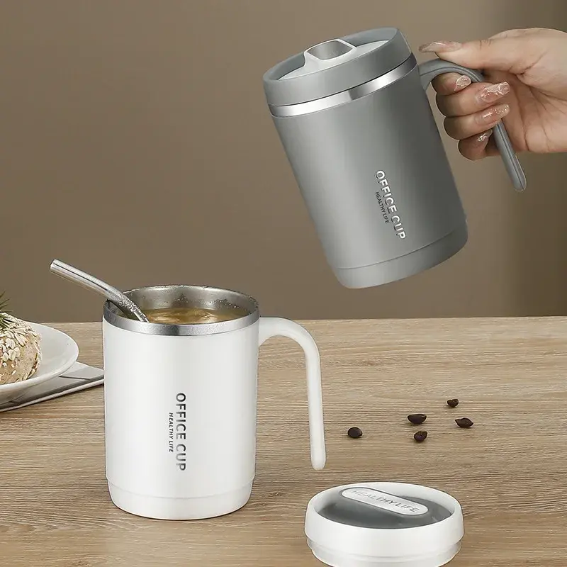 Coffee Cup Grey Creative Drinking Cup Portable Office Large Capacity Covered Milk Mug for Kitchen Travel Water Bottle Thermoses