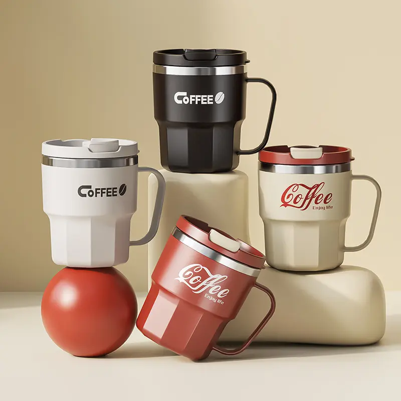 400ml 304 Stainless Steel Coffee Cup Mug with Lid Double-Wall Insulated Cup with Handle & Lid Heat-resistant Drinkware