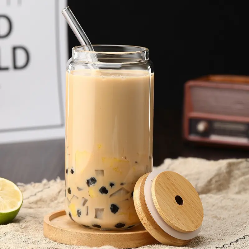 450ml/550ml Glass Cups with Bamboo Lids and Straw 1pc Mason Jars Coffee Mug Beer Can Shaped for Cocktail Milk Juice Cola Gift