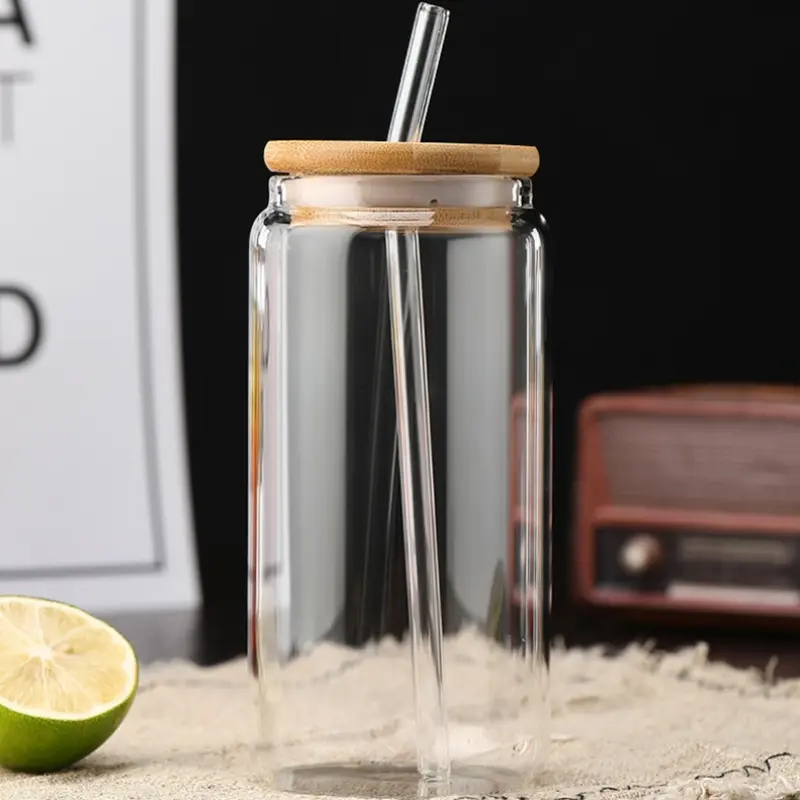 450ml/550ml Glass Cups with Bamboo Lids and Straw 1pc Mason Jars Coffee Mug Beer Can Shaped for Cocktail Milk Juice Cola Gift