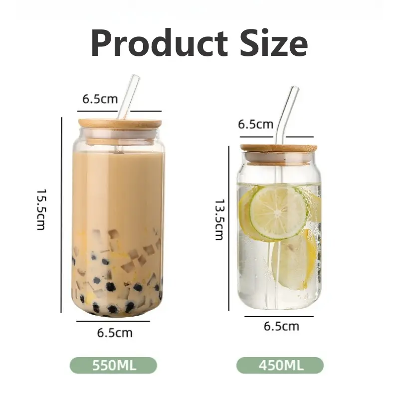 450ml/550ml Glass Cups with Bamboo Lids and Straw 1pc Mason Jars Coffee Mug Beer Can Shaped for Cocktail Milk Juice Cola Gift
