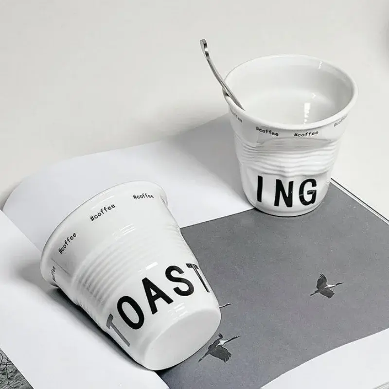 200ml Coffee Mug French Pleated Irregular White Ceramic Nordic Creative Design Wrinkle Cup Tumbler with English Letter Milk Cup