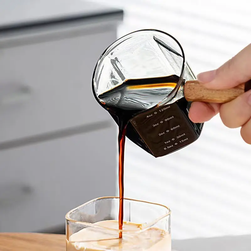 120ml Hexagon Wood Handle Glass Espresso Measuring Cup Milk Latte Jug Coffee Supplies Kitchen Mug Drinkware Double Bottom