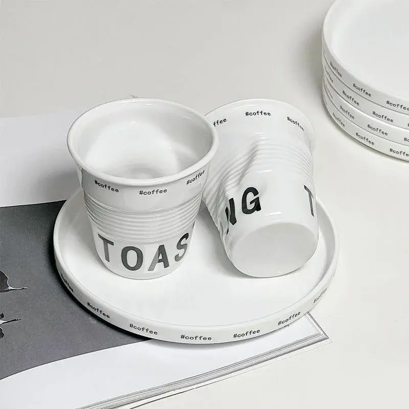 200ml Coffee Mug French Pleated Irregular White Ceramic Nordic Creative Design Wrinkle Cup Tumbler with English Letter Milk Cup