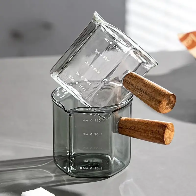 120ml Hexagon Wood Handle Glass Espresso Measuring Cup Milk Latte Jug Coffee Supplies Kitchen Mug Drinkware Double Bottom