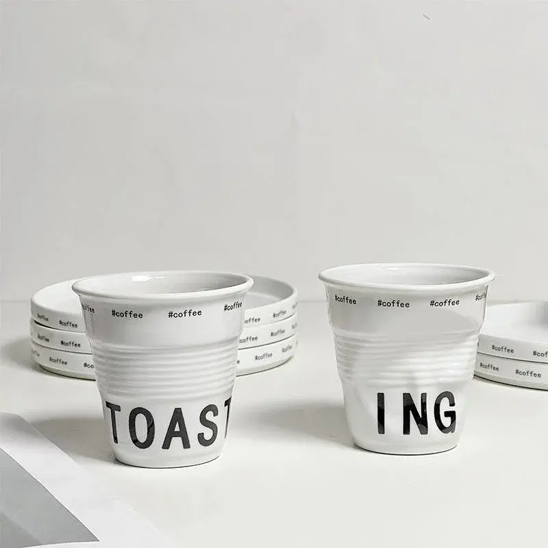 200ml Coffee Mug French Pleated Irregular White Ceramic Nordic Creative Design Wrinkle Cup Tumbler with English Letter Milk Cup