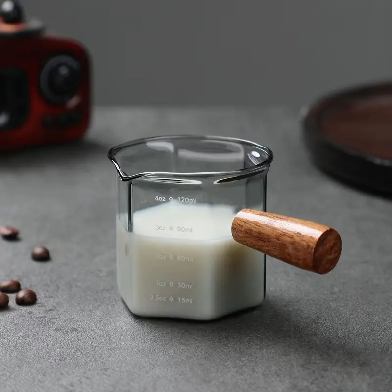 120ml Hexagon Wood Handle Glass Espresso Measuring Cup Milk Latte Jug Coffee Supplies Kitchen Mug Drinkware Double Bottom