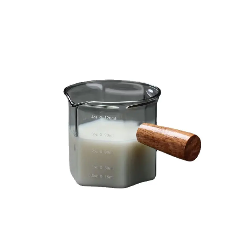 120ml Hexagon Wood Handle Glass Espresso Measuring Cup Milk Latte Jug Coffee Supplies Kitchen Mug Drinkware Double Bottom