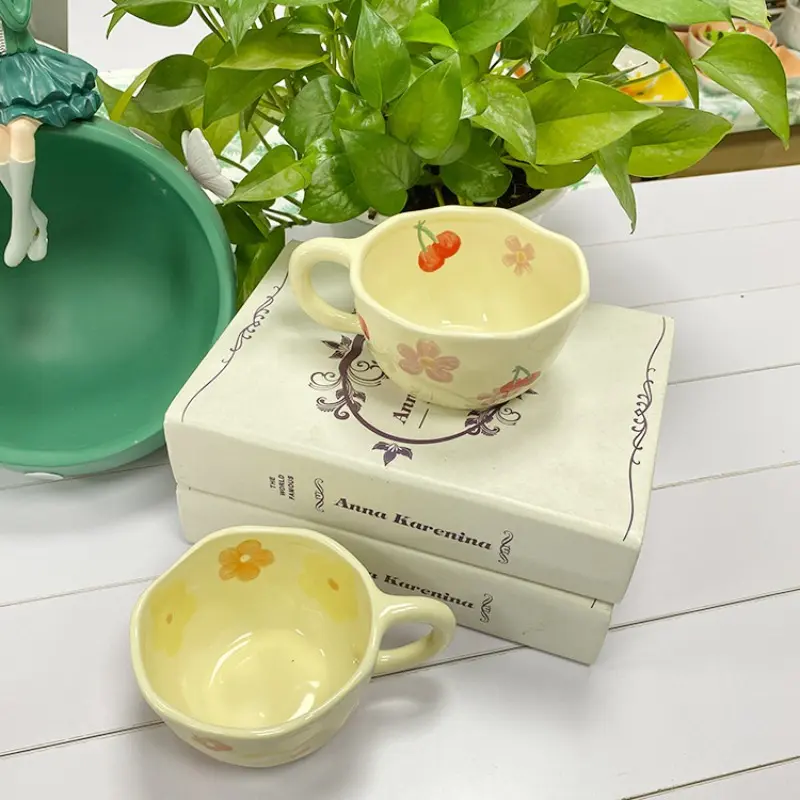 Ceramic Mugs Irregular Flower Coffee Milk Yellow Hand Pinched Cups Cute Korean Style Oat Breakfast Juice Black Tea Kawaii Cup