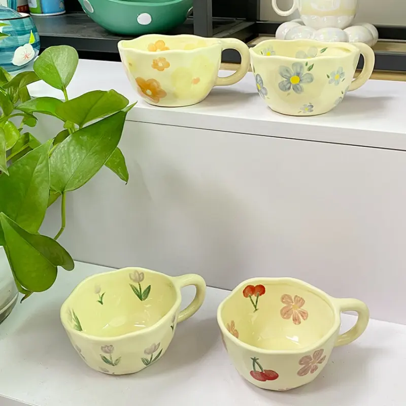 Ceramic Mugs Irregular Flower Coffee Milk Yellow Hand Pinched Cups Cute Korean Style Oat Breakfast Juice Black Tea Kawaii Cup