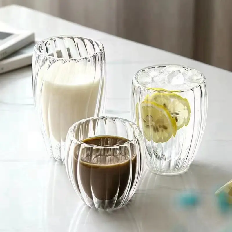 2pcs Set Transparent Glass Cup Double Wall Striped Heat Resistant Beer Milk Coffee Water Cups Glass Drinkware Mug Set Gift