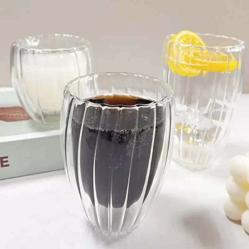 2pcs Set Transparent Glass Cup Double Wall Striped Heat Resistant Beer Milk Coffee Water Cups Glass Drinkware Mug Set Gift