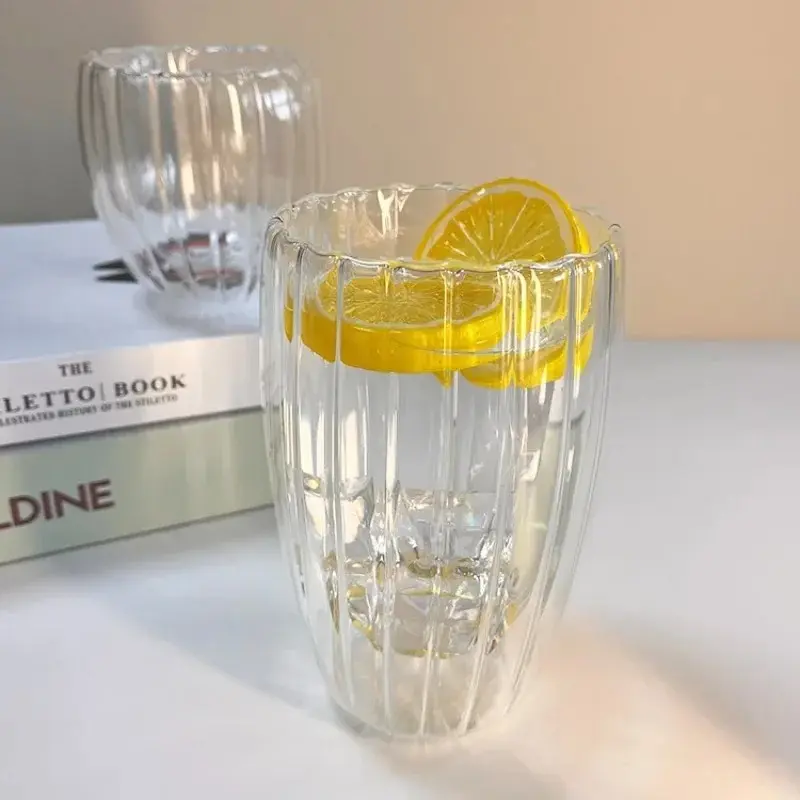 2pcs Set Transparent Glass Cup Double Wall Striped Heat Resistant Beer Milk Coffee Water Cups Glass Drinkware Mug Set Gift