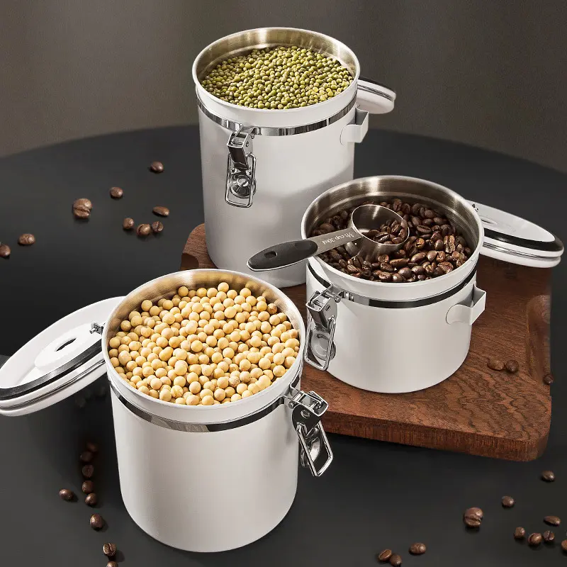Airtight Lid with Measuring Spoon Stainless Steel Preserves Freshness Storage for Coffee Beans Multi-function Sealed Container