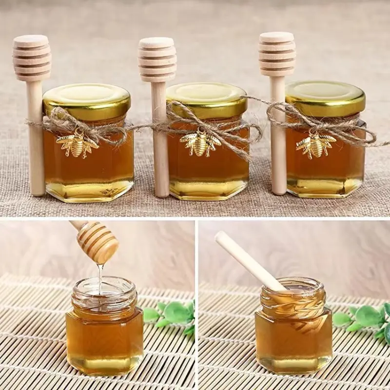 45ml Hexagonal Mini Glass Honey Jar with Wood Dipper Bee Pendants and Jutes Yogurt Pudding Glass Bottle Suitable for Party Gifts