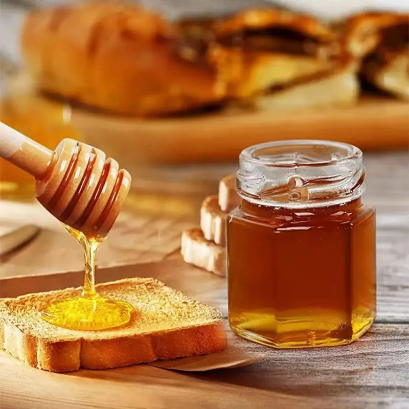 45ml Hexagonal Mini Glass Honey Jar with Wood Dipper Bee Pendants and Jutes Yogurt Pudding Glass Bottle Suitable for Party Gifts