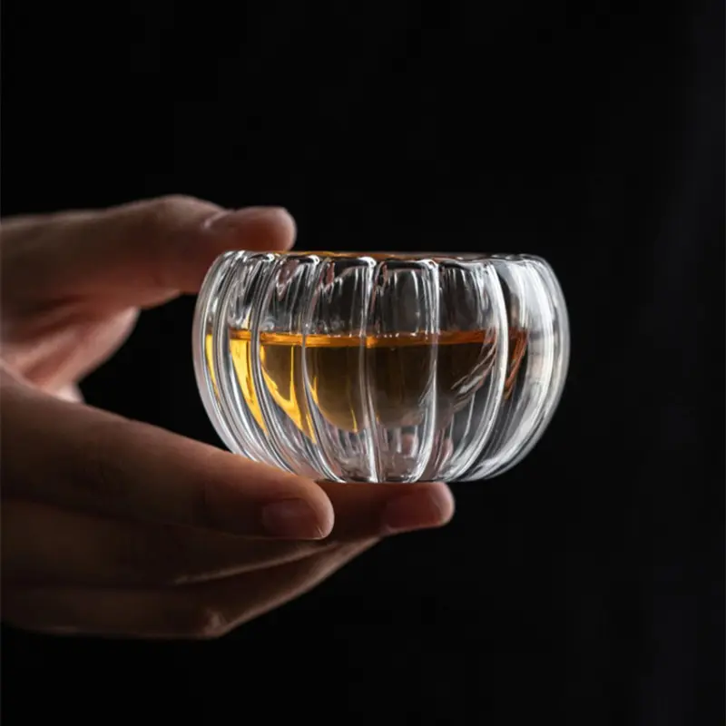 10Pcs Double Layer Glass Tea Cup Set Petal Stripe Clear Drinkware Coffee Milk Water Mug Heat Resistant Brewings Tea Cup