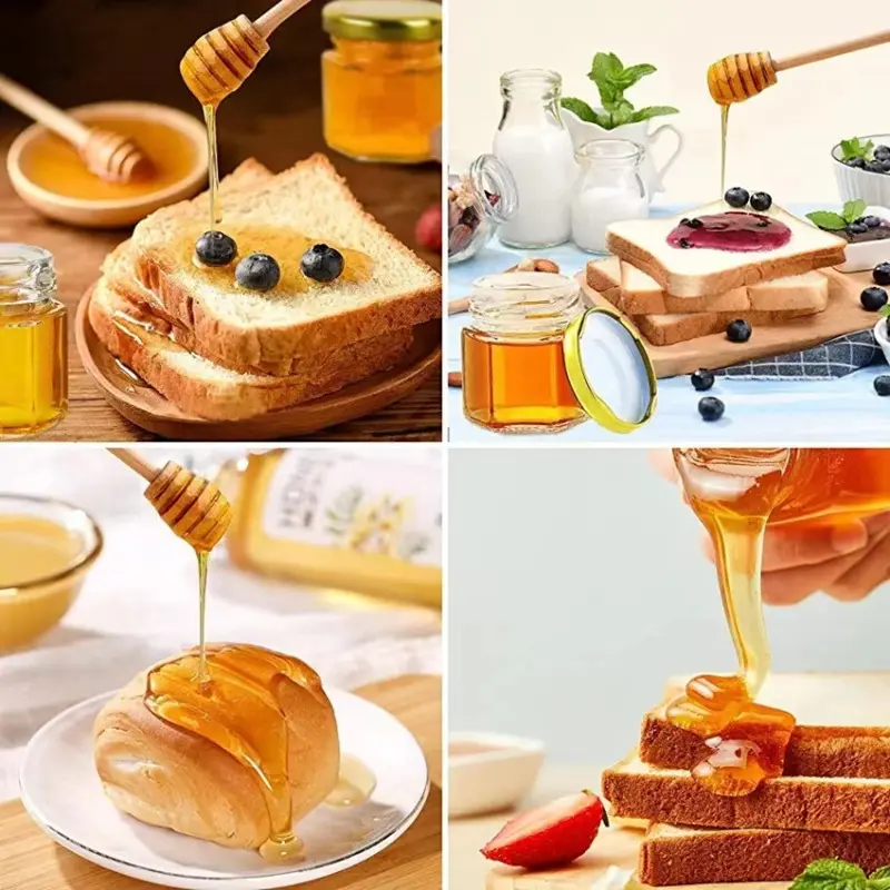 45ml Hexagonal Mini Glass Honey Jar with Wood Dipper Bee Pendants and Jutes Yogurt Pudding Glass Bottle Suitable for Party Gifts