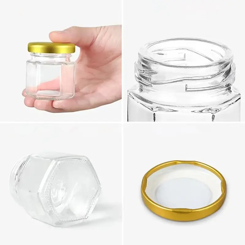 45ml Hexagonal Mini Glass Honey Jar with Wood Dipper Bee Pendants and Jutes Yogurt Pudding Glass Bottle Suitable for Party Gifts