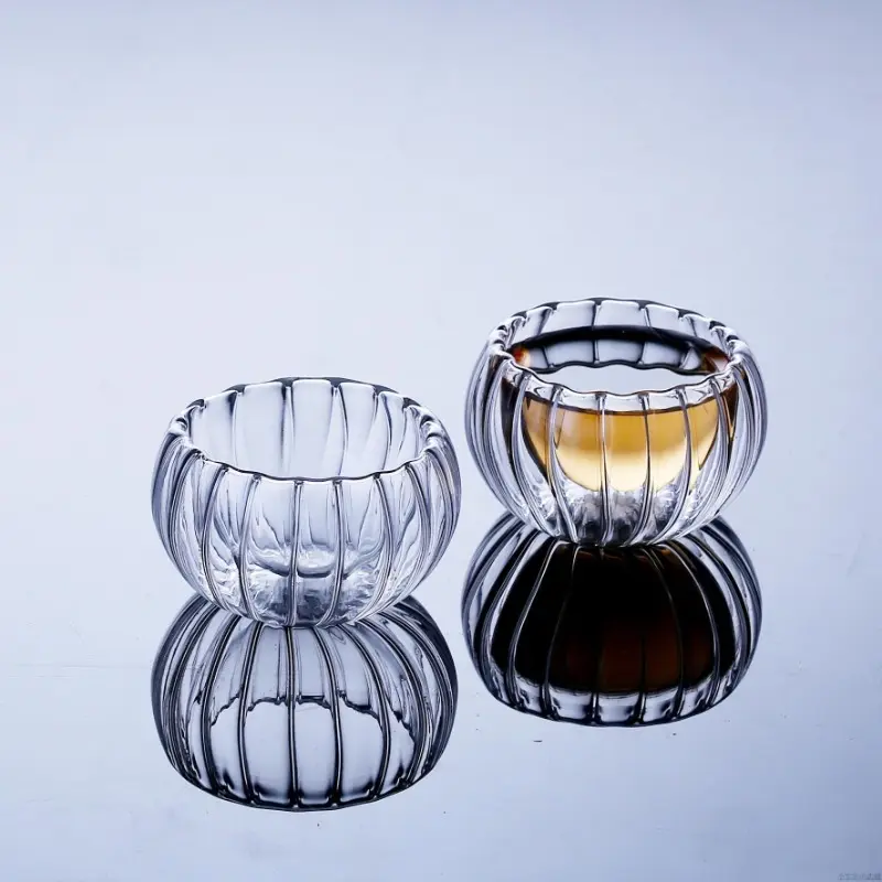 10Pcs Double Layer Glass Tea Cup Set Petal Stripe Clear Drinkware Coffee Milk Water Mug Heat Resistant Brewings Tea Cup