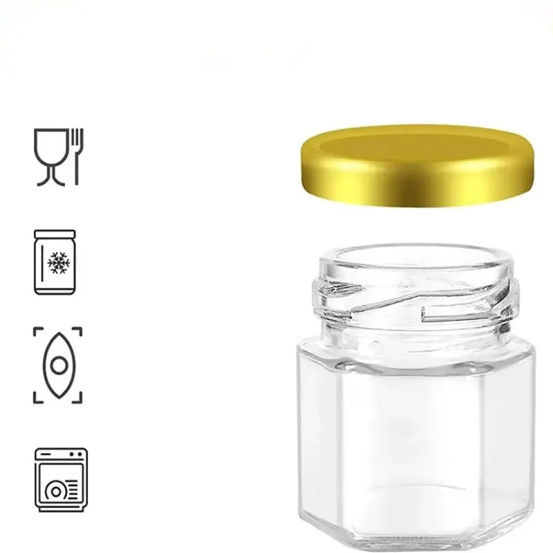 45ml Hexagonal Mini Glass Honey Jar with Wood Dipper Bee Pendants and Jutes Yogurt Pudding Glass Bottle Suitable for Party Gifts