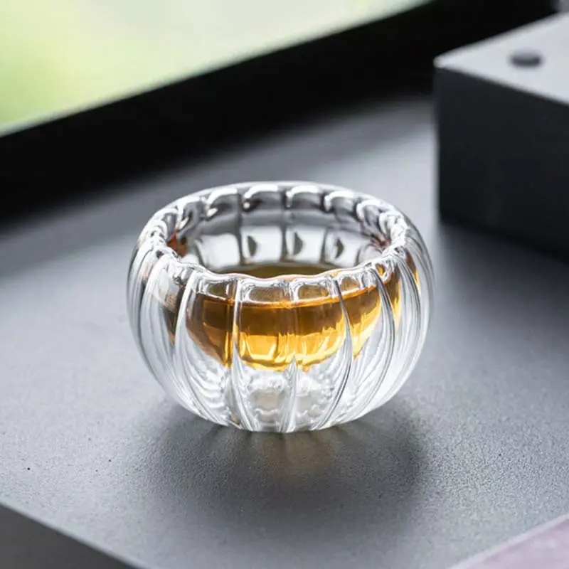 10Pcs Double Layer Glass Tea Cup Set Petal Stripe Clear Drinkware Coffee Milk Water Mug Heat Resistant Brewings Tea Cup