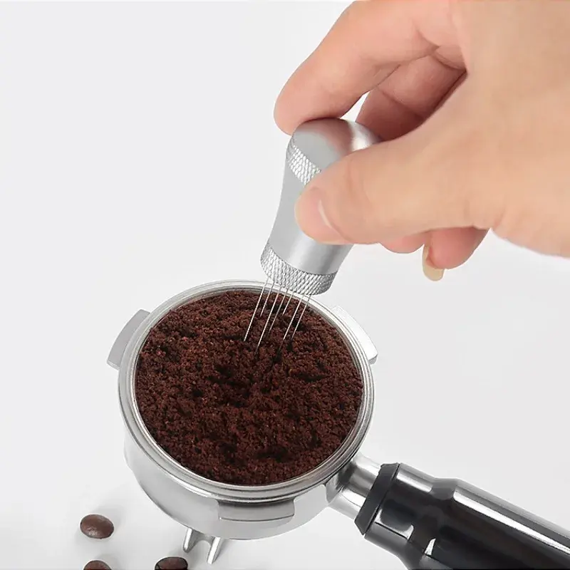 Espresso Coffee Stirrer with 6 Spare Needles Absorption Stand Distributor Leveler Barista Stirring Tool Coffee Powder Tamper