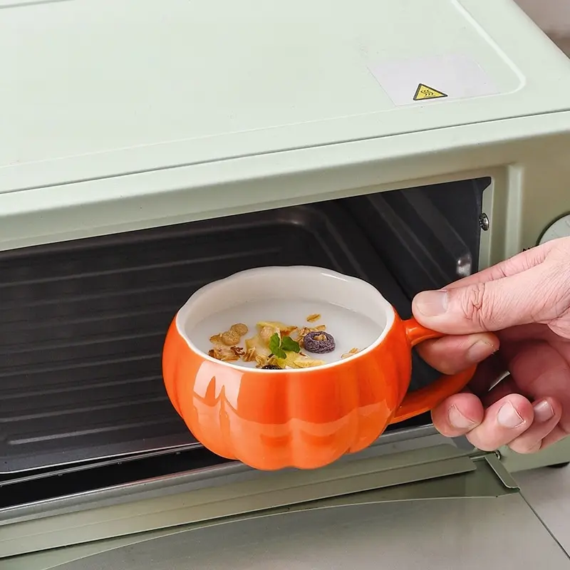 250ml Ceramic Pumpkin Cup Milk Oat Breakfast Cup Small Bowl for Oven Use, Egg Custard Bowl Steamed Egg Bowl Spoon, Mug