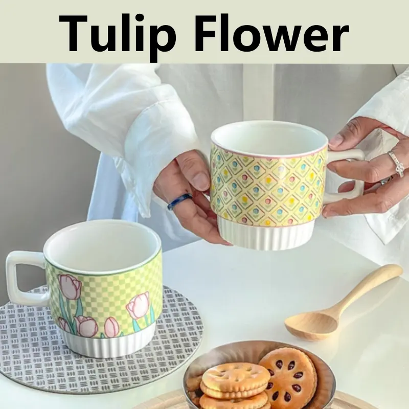 Tulip Flower Coffee Cup with Handle Ins Style Creative Couple for Girls Gift Cute Ceramic Mug Oatmea Breakfast Milk Wate Cup