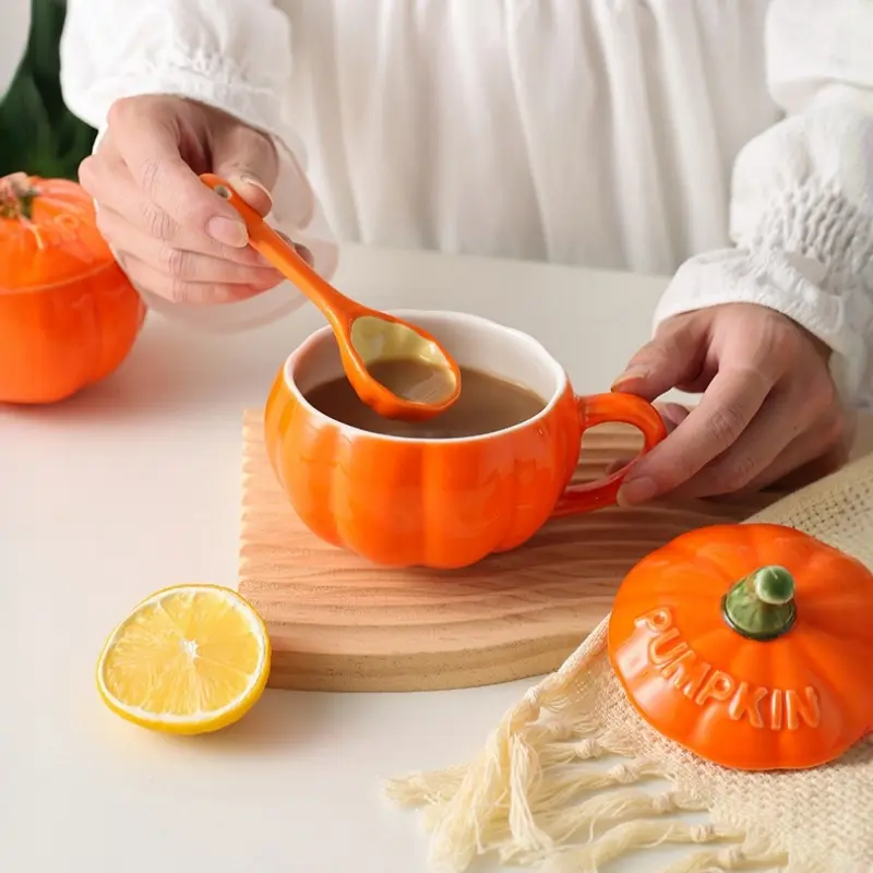 250ml Ceramic Pumpkin Cup Milk Oat Breakfast Cup Small Bowl for Oven Use, Egg Custard Bowl Steamed Egg Bowl Spoon, Mug