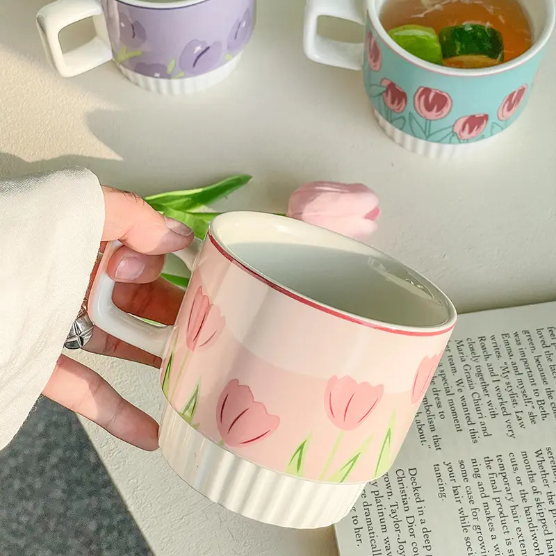 Tulip Flower Coffee Cup with Handle Ins Style Creative Couple for Girls Gift Cute Ceramic Mug Oatmea Breakfast Milk Wate Cup