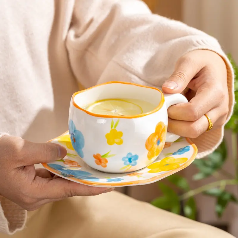 Ceramic Mugs & Saucers Set Coffee Cups Hand Pinched Irregular Flower Milk Tea Cup Ins Style Oatmeal Breakfast Mug Drinkware