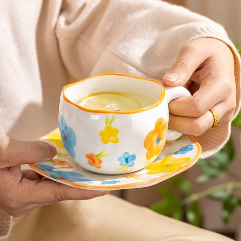 300ML Ceramic Mug Flower Heart Pattern Cute Hand Pinched Irregular Creative Style Coffee Cup Breakfast Milk Afternoon Tea Cups