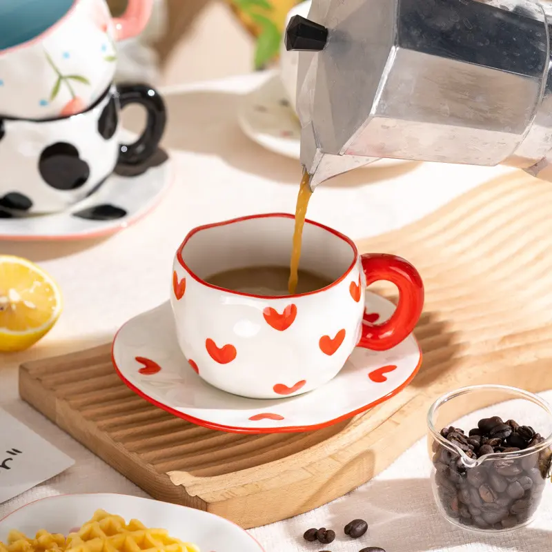 300ML Ceramic Mug Flower Heart Pattern Cute Hand Pinched Irregular Creative Style Coffee Cup Breakfast Milk Afternoon Tea Cups