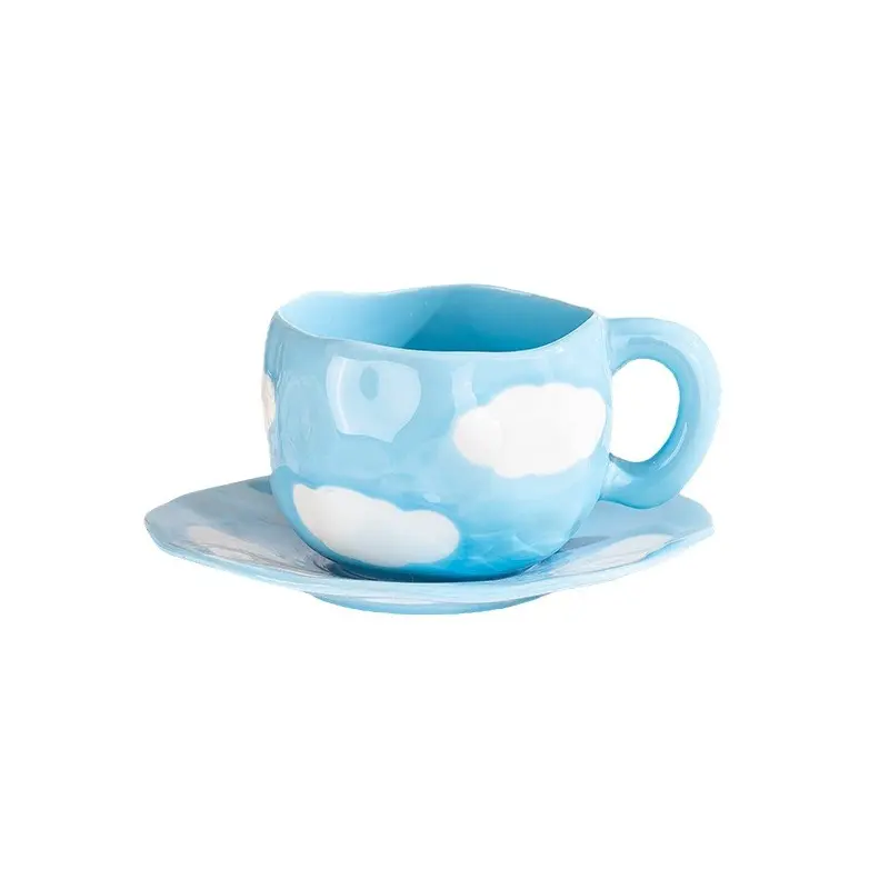 Ceramic Mugs & Saucers Set Coffee Cups Hand Pinched Irregular Flower Milk Tea Cup Ins Style Oatmeal Breakfast Mug Drinkware