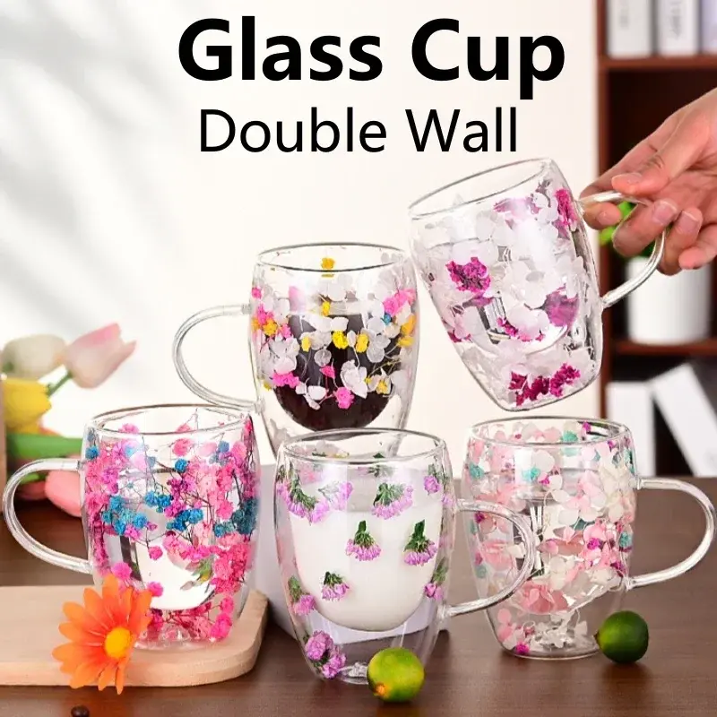 350ml Double Wall Clear Glass Cup with Handle Dried Flower Decorated Coffee Milk Mug Double Insulated Glass Cup for Hot Cold