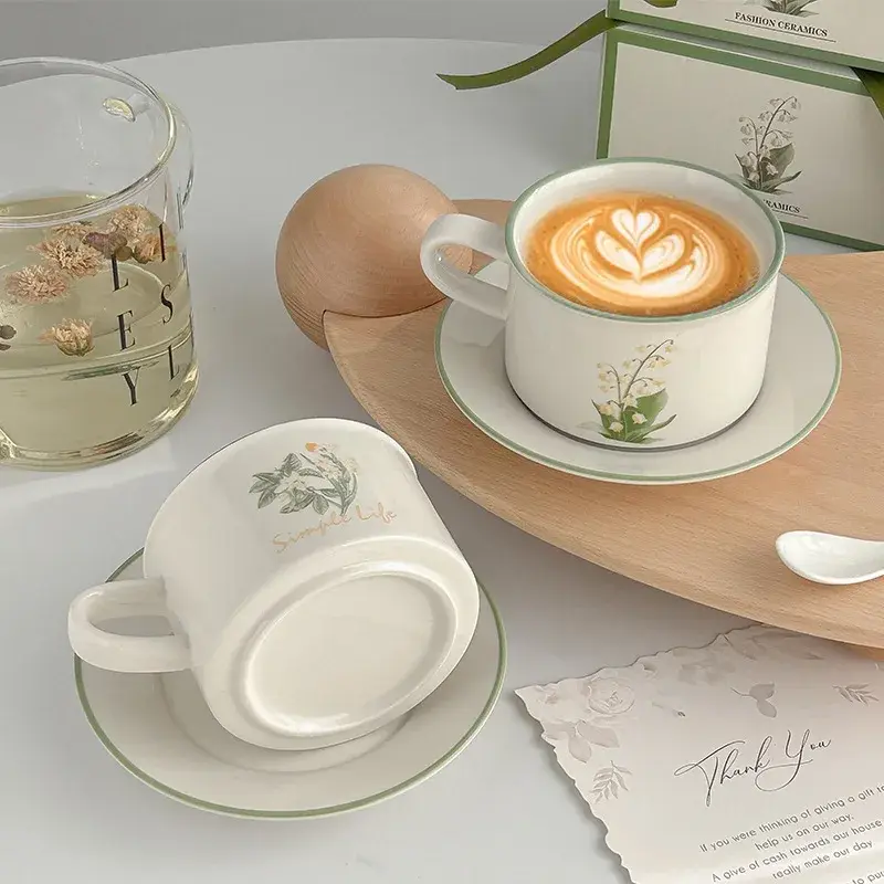 380ML Coffee Cups Saucer Set Retro Ceramic with Handle Lily of The Valley  Luxury Afternoon Tea Cup and Saucer Milk Mocha Cup