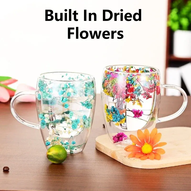 350ml Double Wall Clear Glass Cup with Handle Dried Flower Decorated Coffee Milk Mug Double Insulated Glass Cup for Hot Cold