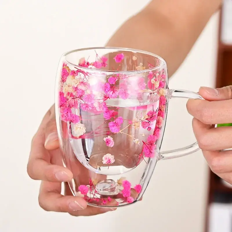 350ml Double Wall Clear Glass Cup with Handle Dried Flower Decorated Coffee Milk Mug Double Insulated Glass Cup for Hot Cold