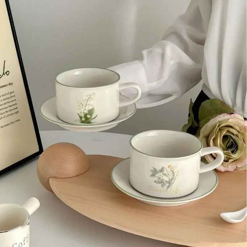 380ML Coffee Cups Saucer Set Retro Ceramic with Handle Lily of The Valley  Luxury Afternoon Tea Cup and Saucer Milk Mocha Cup