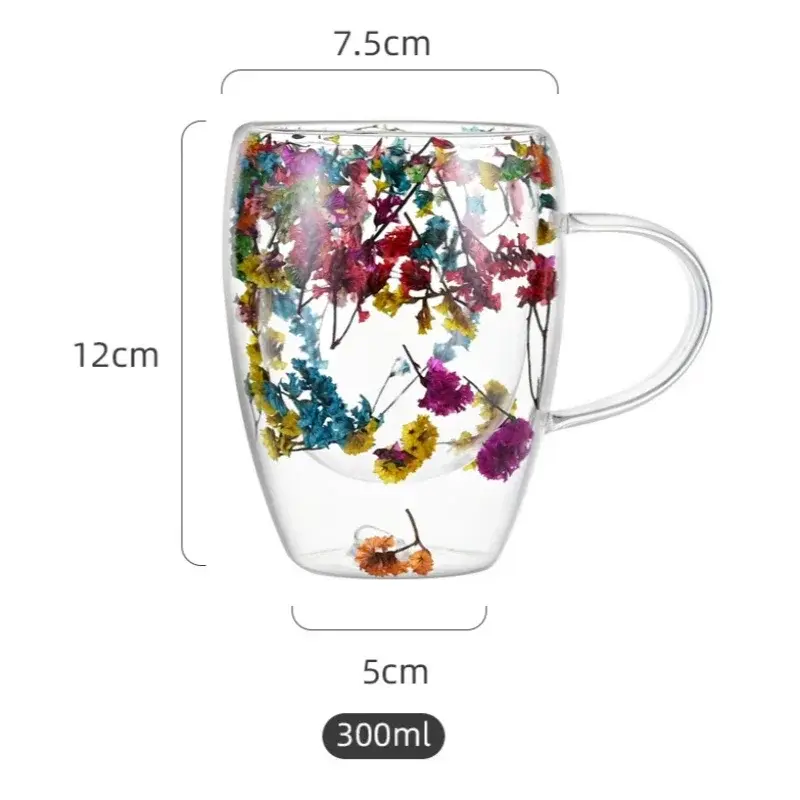350ml Double Wall Clear Glass Cup with Handle Dried Flower Decorated Coffee Milk Mug Double Insulated Glass Cup for Hot Cold