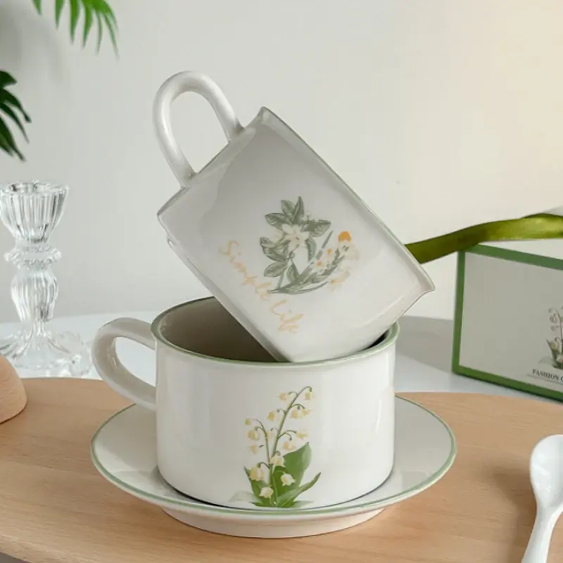 380ML Coffee Cups Saucer Set Retro Ceramic with Handle Lily of The Valley  Luxury Afternoon Tea Cup and Saucer Milk Mocha Cup