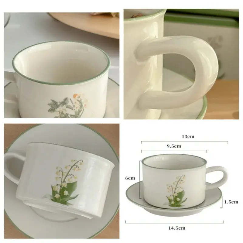380ML Coffee Cups Saucer Set Retro Ceramic with Handle Lily of The Valley  Luxury Afternoon Tea Cup and Saucer Milk Mocha Cup