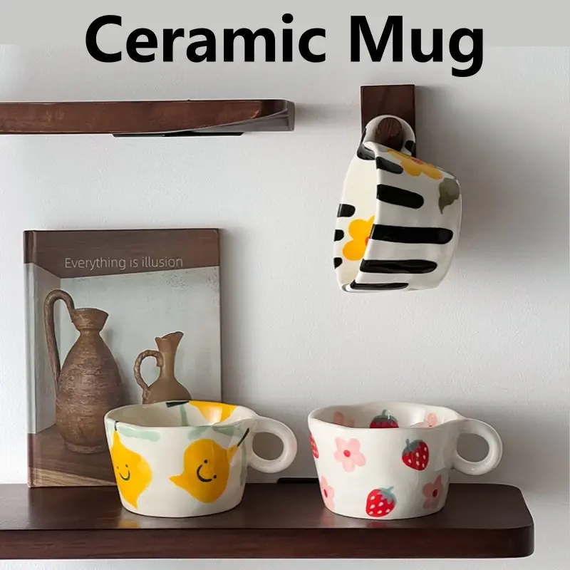 300ML Ceramic Mugs Hand Pinched Irregular Mug Hand-painted Strawberry Flower Coffee Cup Breakfast Milk Afternoon Tea Cup Gift