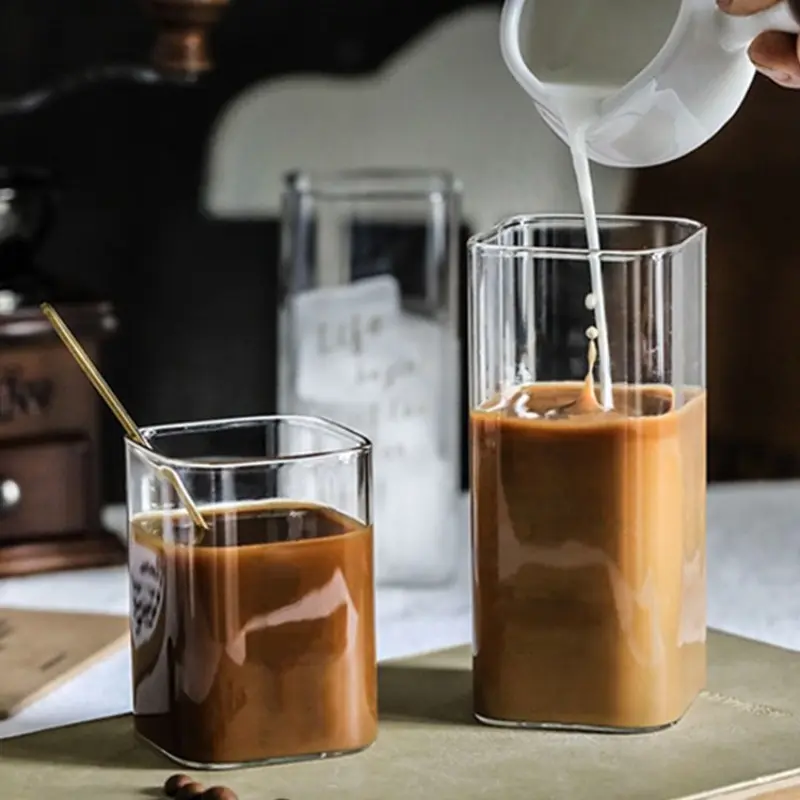 4PCS Coffee Cup Creative Square Glass Transparent Cold Drink Large Capacity Iced Milk Tea Drinking Bottle Red Wine Water Cup