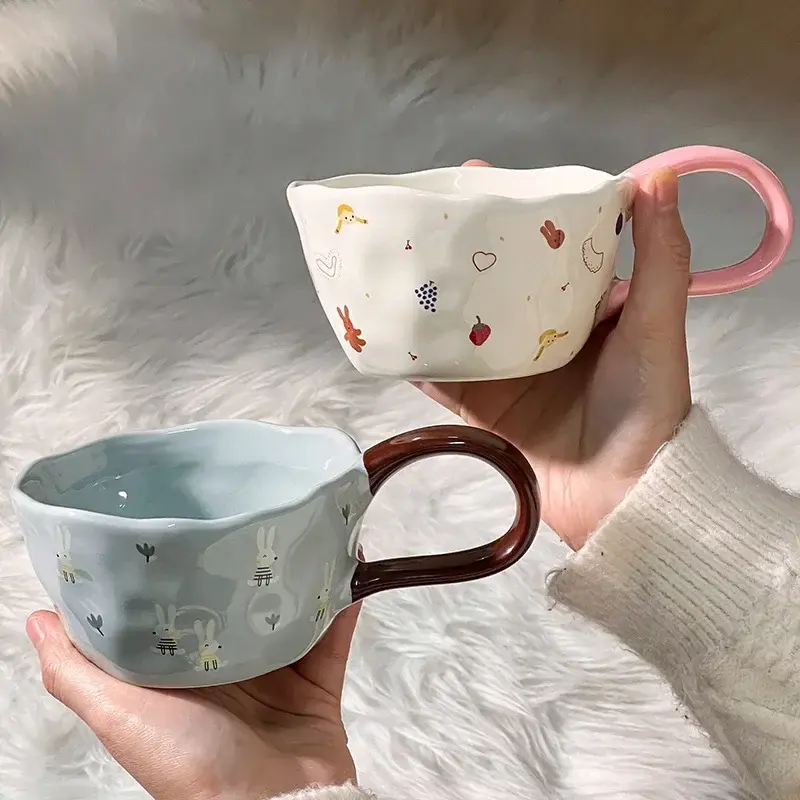 300ml Hand-painted Flower Ceramic Coffee Cup Cute Style Print Porcelain Handmade Breakfast Milk Juice Tea Chocolate Handle Mug